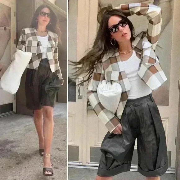 Tibi Dylan Plaid Cream Cropped Jacket Blazer in Ivory Camel Size 12 - Picture 9 of 16